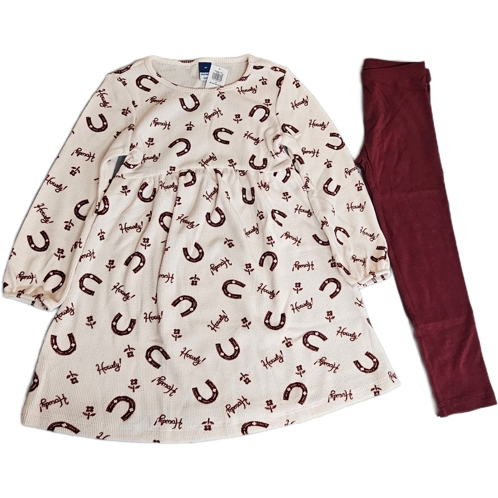 NWT Old Navy Girls 4T Waffle Knit Horseshoe Dress & Leggings Set Burgundy & Pink